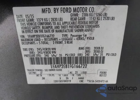 2015 Ford Taurus Sel из США, поврежденный, VIN 1FAHP2E81FG166722